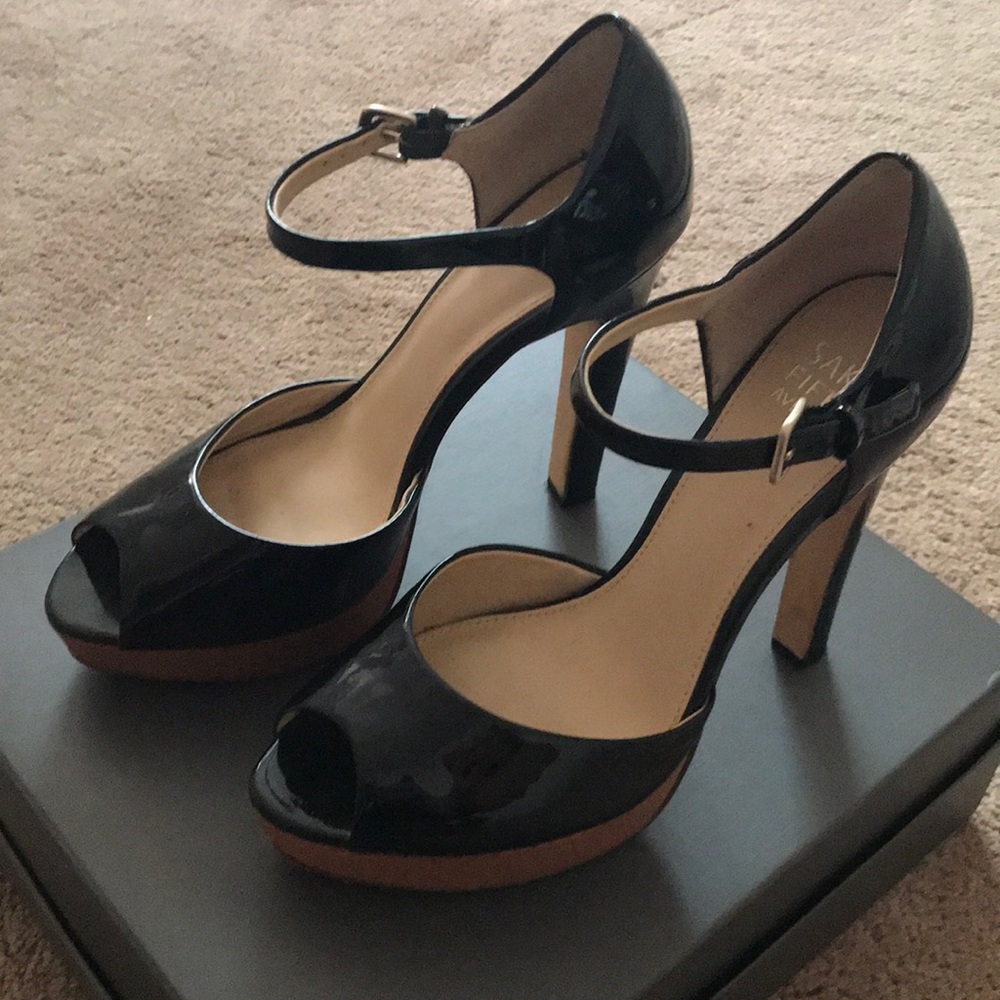 Saks 5th Ave Black patent leather peep toe heel